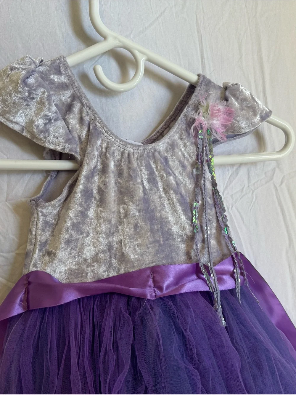 Girls Velvet Bodice Purple Tulle Dance Costume Dress with Flutter Sleeves